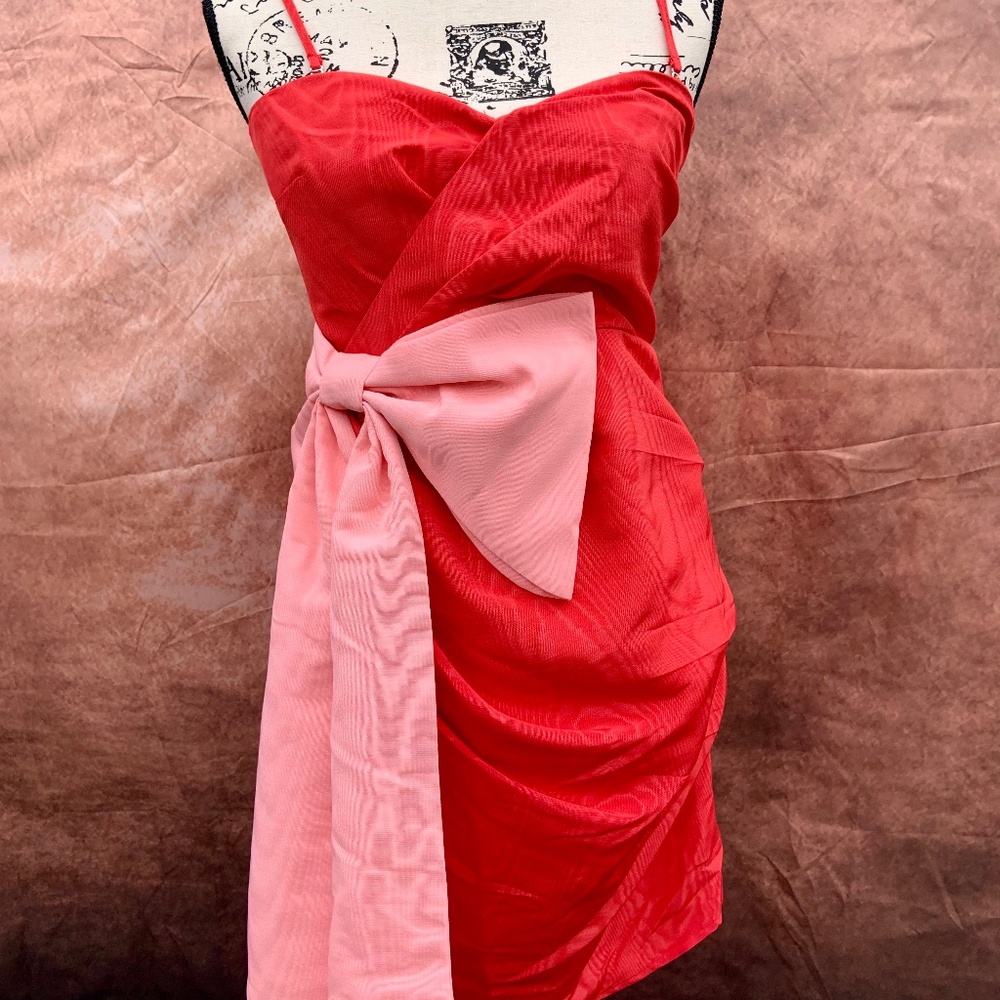 Future Collective Coral & Pink Wrap Mini Dress Bow Detail
